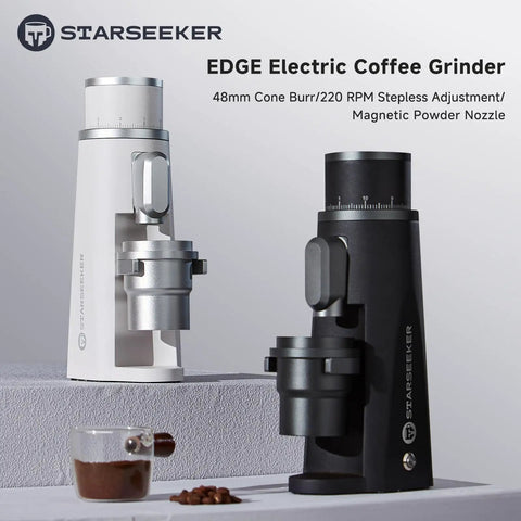Premium Electric Coffee Grinder With 48MM Conical Burrs in white and black, featuring stepless adjustments and powder nozzle.