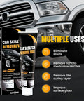 Scratch Repair Wax For Vehicles That Buffs Out Light Scratches, Swirl Marks, And Deep Scratches With Clear Coat Safe Formula, Universal Scratch Removal Wax Includes Wipe And Sponge For Easy At Home Vehicle Care shown with packaging and car