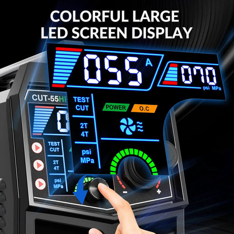 Close-up of digital screen on 55 Amp Plasma Cutter With High Frequency Non Touch Pilot Arc, DC Inverter, Dual Voltage 110 to 220V.