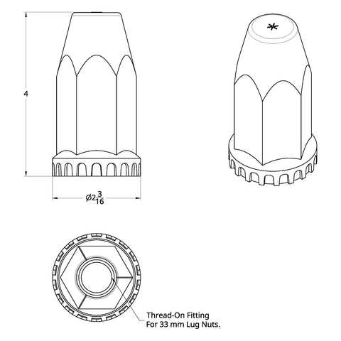 Technical drawing of Chrome Lug Nut Cover Kit For Wheels, 33Mm By 4 Inches, Extra Tall With Flange, Thread On Plastic Caps, 60 Pack.