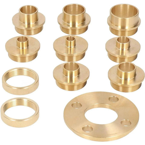 Top Shelf 11 Piece Solid Brass Router Bushing Set And Template Guide Kit With Adapter Plates displayed in detail.