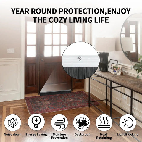 Six Pack Door Brush Sweep With 2.5 Inch Bristles And 39.37 Inch Aluminum Bottom Seal blocks drafts and noise, image in a home setting.
