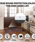 Front door with decorative rug and icons showing benefits of 5 Pack Garage Door Brush Seal Kit With 39.37 Inch Long And 3 Inch Wide Brush Door Sweep For Roll Up Doors Aluminum Holder Blocks Dust Drafts Debris And Insects Easy Install Keeps Your Garage Cleaner And Cozy.