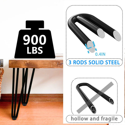 6 Inch 3 Rod Solid Metal Hairpin Furniture Legs Set Of Four In Black Finish Heavy Duty Support Up To 900 Pounds