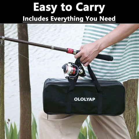 Person holding Telescopic Fishing Rod And Reel Combo Six Point Nine Feet All In One Includes Pliers Lip Gripper Spare Line.