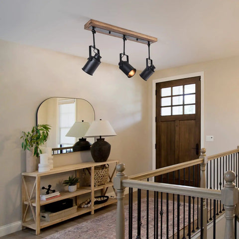 Three Light Farmhouse Track Lighting Fixture In Black Wood Finish With Industrial Adjustable Heads Ceiling Spotlight