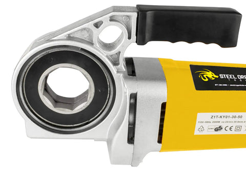 Steel Dragon Tools 550 Portable Handheld Pipe Threader Threading Machine close-up showing die head and motor casing