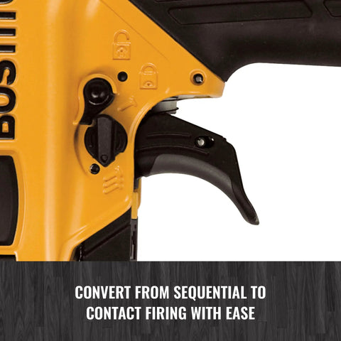 Close-up of trigger on 18 Gauge Narrow Crown Stapler Kit With Oil-Free Operation, A True Workhorse With Selectable Trigger From Sequential To Contact.