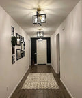 Farmhouse Industrial Ceiling Light Fixture Four Light Dope Vintage Modern Rectangle Black Gold Flush Mount in hallway setting