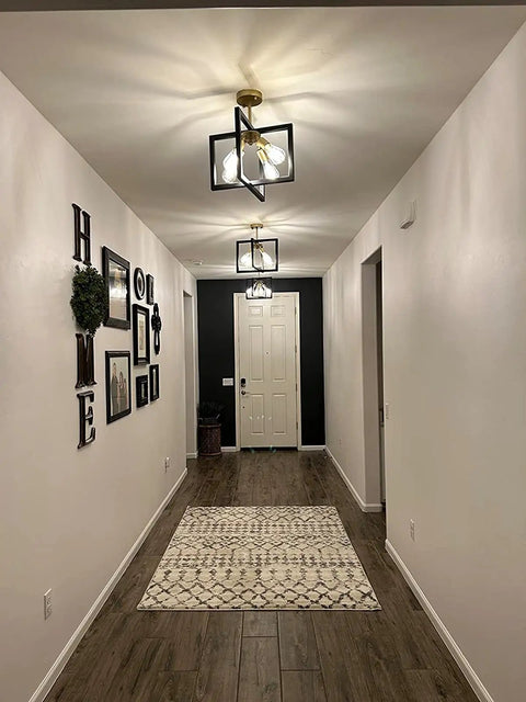 Farmhouse Industrial Ceiling Light Fixture Four Light Dope Vintage Modern Rectangle Black Gold Flush Mount in hallway setting