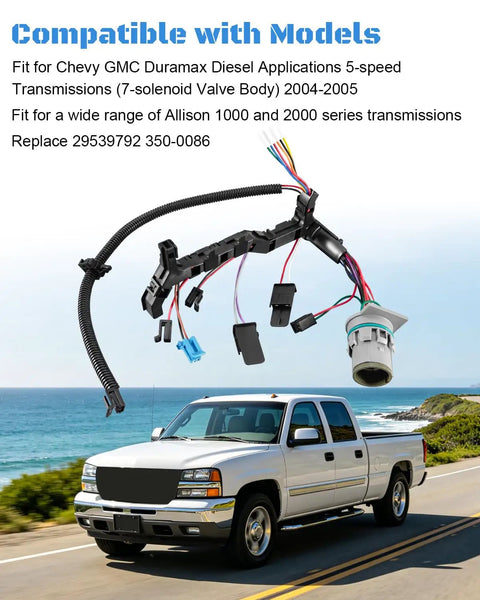 Hot Shot 5 Speed Transmission Wiring Harness For Chevy Duramax Diesel GMC 2004 2005, showing connectors and wiring on truck.