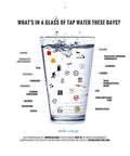 Glass of water with contaminants labeled, highlighting need for Replacement Everyday Bottle Filter For On-The-Go Hydration.