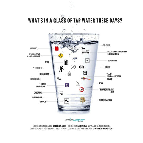 Glass of water with contaminants labeled, highlighting need for Replacement Everyday Bottle Filter For On-The-Go Hydration.