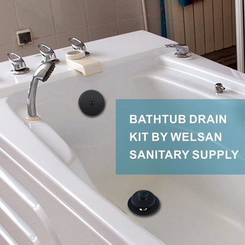Matte black bathtub drain/overflow kit by Welsan; universal all-metal lift-and-turn with single-hole faceplate.