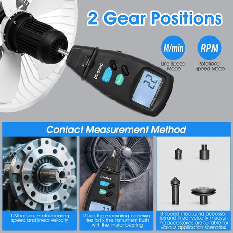 No Sweat Heavy Duty 2 In 1 Digital Rpm Tachometer Gauge Featuring Laser Photo Sensor And Physical Probe For Fast Engine Hvac Motor And Drone Shaft Speed Readouts measuring motor speed with fan and probes.