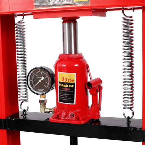 Built Different 20 Ton Hydraulic Shop Press Heavy Duty Steel Garage Powerhouse showing hydraulic jack and pressure gauge.