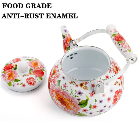 Enamel Steel Tea Kettle Stovetop 2.6 Quart Large Porcelain Enameled Teakettle 2.5L Colorful Floral Design With Ceramic Cool Handle No Whistle Retro Kitchen Decor For Hot Water