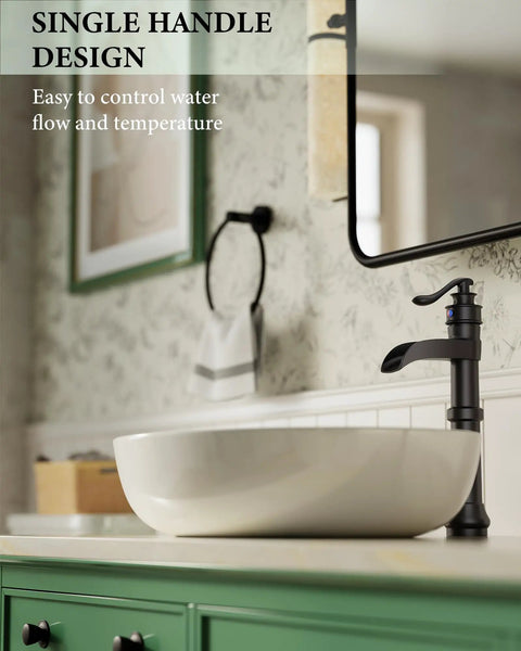 Matte Black Vessel Sink Faucet With Pop Up Drain Waterfall Style Farmhouse Single Hole Lavatory Tap Antique Bowl Look One Handle Includes Supply Lines No Overflow next to a white vessel sink