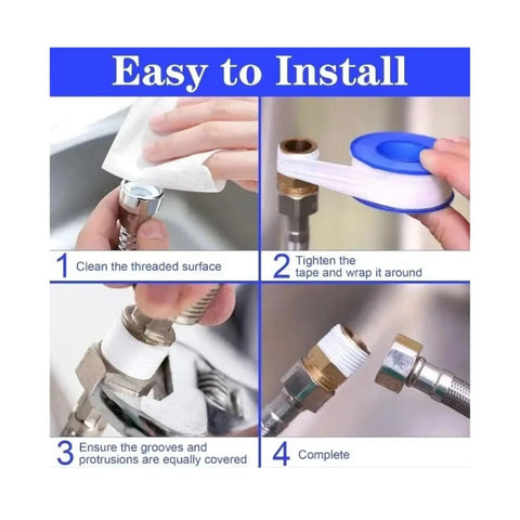 Step-by-step guide showing Eight Rolls Half Inch By Four Hundred Ninety Four Inches Teflon Plumbers Tape Heavy Duty PTFE Pipe Sealant usage