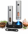 One Hand Press Electric Salt And Pepper Grinder Set With Charging Base Auto Seasoning Tool For Cooking Easy Use No Twisting Wrist Relief Cordless Rechargeable Kitchen Gadget on display with spices.