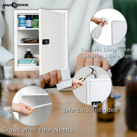 Wall Mount Medicine Cabinet With Code And Key Locks Locking Corner First Aid Cabinet Space Saving Corner Storage With Three Adjustable Shelves Anti Pry Steel Door For Bathroom Office School Home