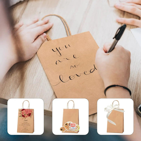 Person writing on a Brown Kraft Gift Bag With Handles 5.25 By 3.75 By 8 Inch Heavy Duty 100G Bulk Pack For Small Biz Retail