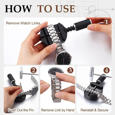 How to use Must Have Watch Band Repair Kit For Metal Straps with link remover and pliers for easy bracelet adjustment.
