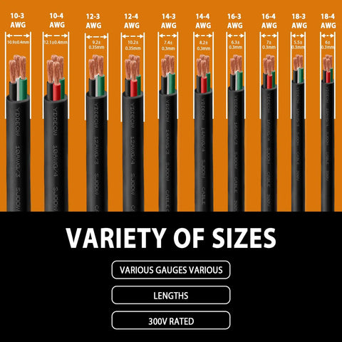 10 Foot 16 Awg 3 Conductor Portable Power Cable SJOOW 300V Electric Cord displayed in various gauge sizes with specifications.