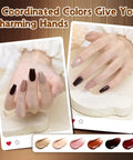 Six 15ml Gel Nail Polish Set With UV LED Kit Includes One LED Light And Two Nail Strips in nude tones on manicured nails
