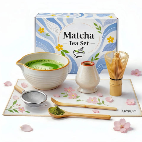 7 Piece Matcha Kit For Beginners With Ceramic Bowl Bamboo Whisk Ceramic Holder Sifter Chashaku Scoop Bamboo Spoon And Tea Towel