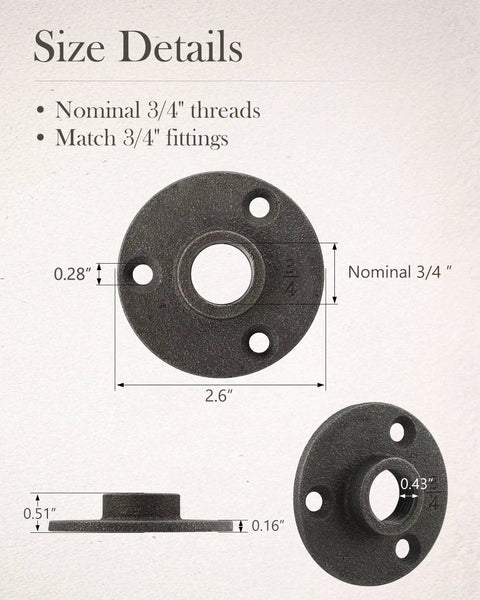 Size details of Twenty Pack Three Quarter Inch Malleable Cast Iron Pipe Flange Set For Threaded Black Pipes And Fittings