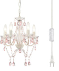 Plug-In 4-Light Pink And White Acrylic Crystal Chandelier For Girls Bedroom Playroom Or Nursery With Kid-Friendly Cozy Glow No Hardwire 20ft Cord Easy Install Hanging Ceiling Light