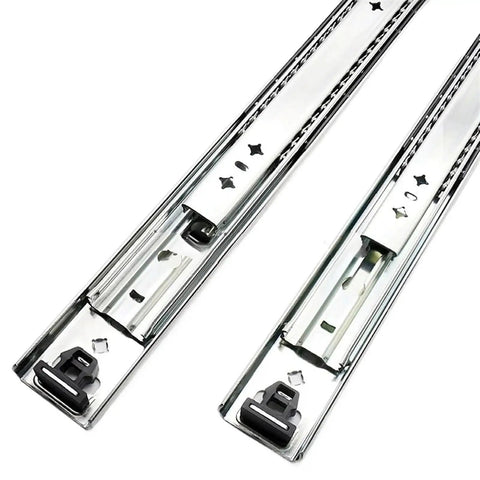 Two Heavy Duty Full Extension Drawer Slides Side Mount 12 to 40 Inch Adjustable Glides With Detachable Quick Release Latches.