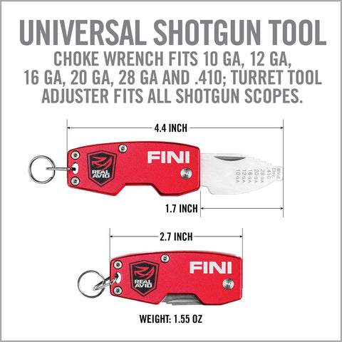 FINI Shotgun Tool Choke Wrench With Scope Turret Adjuster And Keychain, Universal Hunting Gear, pocket-size dimensions shown