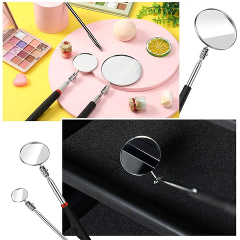 Telescoping Inspection Mirror Set, 3 Piece Rotating Round Head Tool displayed with cosmetics and small parts
