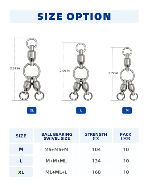 3-Way Ball Bearing Fishing Swivels, Brass And Stainless Steel Rolling Barrel, 10 Pack, Handles Up To 104lbs, Reduces Line Twist On Deep Drop Rigs And Lure Rotations, size chart