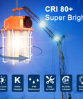 Heavy Duty LED Temporary Work Light 150W 22500 Lumens Hanging Work Light with crane background and feature icons.