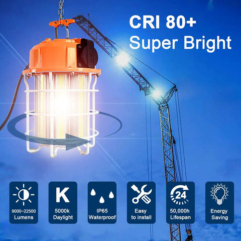 Heavy Duty LED Temporary Work Light 150W 22500 Lumens Hanging Work Light with crane background and feature icons.