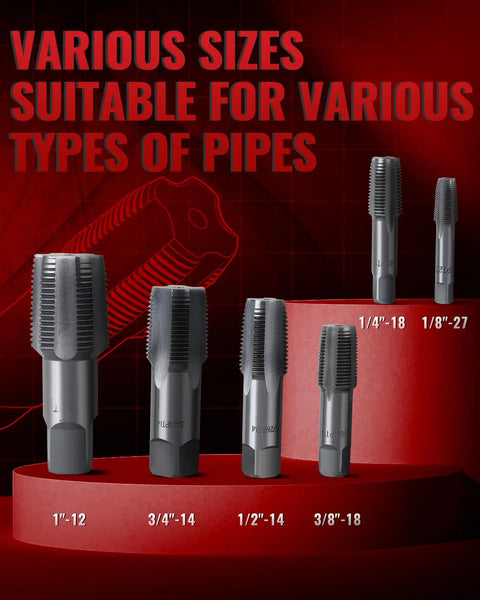 6 Piece NPT Pipe Tap Set For One Inch, Three Quarters, One Half, Three Eighths, One Quarter, And One Eighth Inch Taps