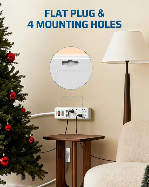 8-Outlet Power Strip With Timer And Auto On Off For Reptile Lighting mounted on wall with flat plug and 4 mounting holes