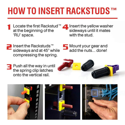 Instructions for installing 80 Pack Front Install Rack Mount Studs Set With 40 Red 2.2 mm And 40 Purple 3.2 mm Pieces For 19 Inch Racks.