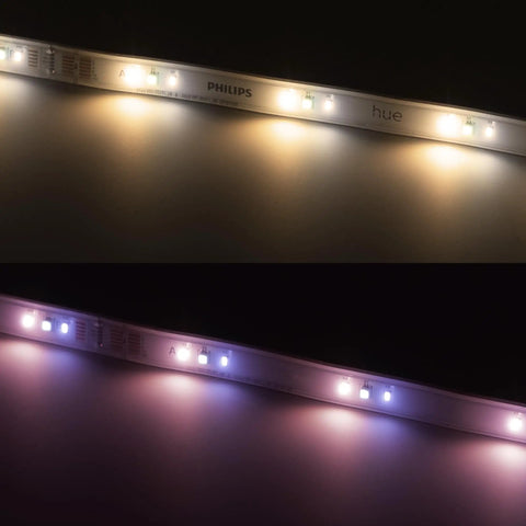 Bluetooth Smart Lightstrip Plus 1m Extension No Plug For Easy Mood Lighting Voice Control With Alexa Apple HomeKit and Google Home White 3ft Addon Strip lit up showing warm and cool tones.