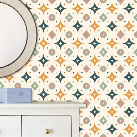 Top Tier Geometric Retro Peel And Stick Wallpaper For Your Space Refresh Skip The Drill With Easy Peasy Self Adhesive Removable Wallcovering That Hits Great On Any Wall with vibrant geometric design beside a mirror and drawer.