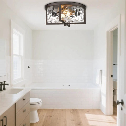 13 Inch Hammered Glass Flush Mount Ceiling Light In Dark Bronze Finish For Kitchen Dining And Hallway Must Have Modern Close To Ceiling Fixture With Antique Vibe, Cozy Warm Glow And Easy Install in a bathroom setting