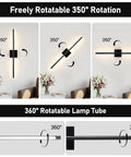 ARCWEISSO Black Battery Operated Wall Sconce with Remote Control 10000mAh showing 350° and 360° rotatable features.