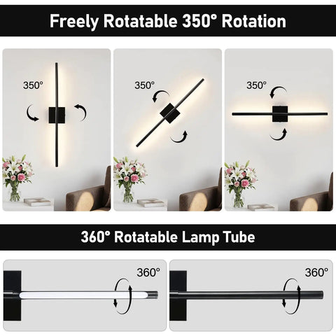 ARCWEISSO Black Battery Operated Wall Sconce with Remote Control 10000mAh showing 350° and 360° rotatable features.