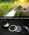 Hand holding 3/4 Inch Aluminum Garden Hose Shower Head with 3000 Hole Mist Nozzle, parts displayed, for gentle plant spray.