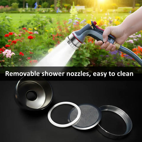 Hand holding 3/4 Inch Aluminum Garden Hose Shower Head with 3000 Hole Mist Nozzle, parts displayed, for gentle plant spray.
