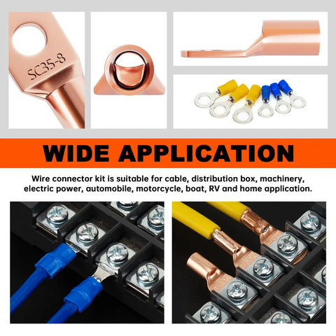 Pro Grade Copper Wire Lugs Set 130 Pieces With 60 Heat Shrink Tubing for battery cables and connectors displayed.