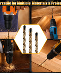 Multiple drill images with focus on 50 Pcs Drywall Rotor Tips 5 32 In Guide Point Cutting Bits M2 HSS Spiral Drywall Router Drill Bits